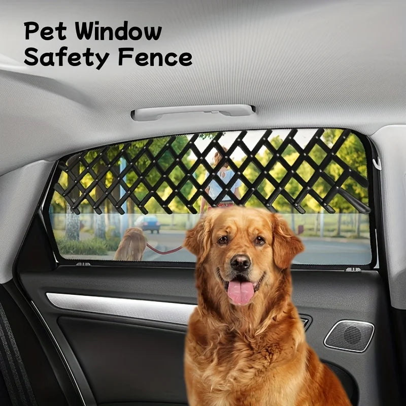 Pet window safety fence installed in a car with a dog sitting inside