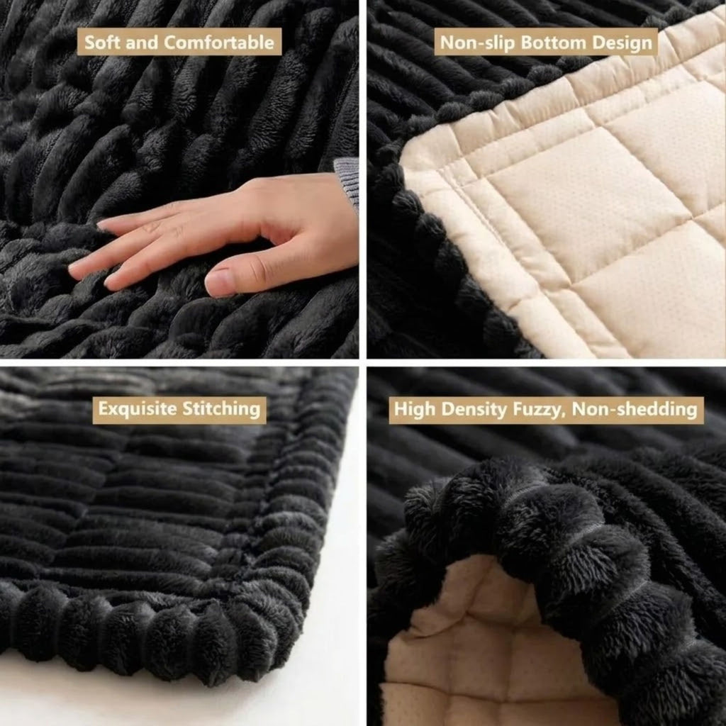 Close-up collage of the Plush Car Dog Bed showing its soft plush texture, non-slip quilted underside, exquisite stitching and high-density fuzzy pile