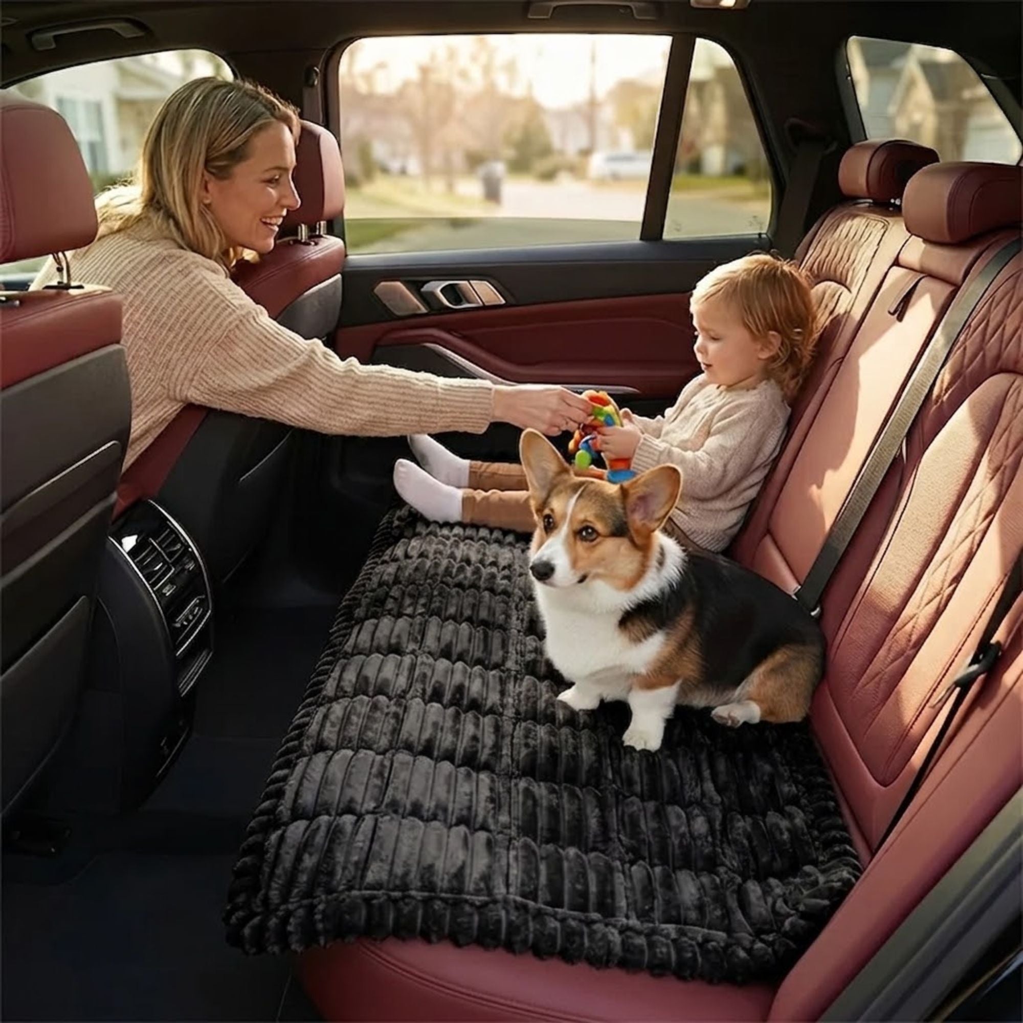 Corgi sitting on the black Plush Car Dog Bed spanning a car back seat next to a mother playing with her toddler