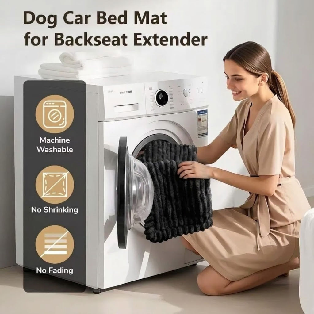 Plush Car Dog Bed backseat extender mat being placed in a washing machine, labelled machine washable, no shrinking and no fading