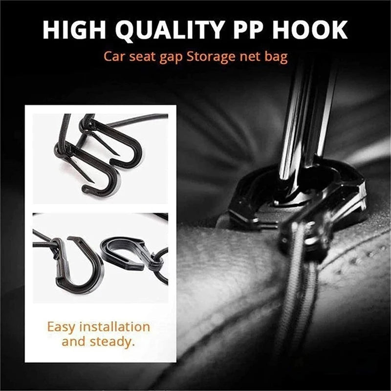 A close-up view of the integrated polymer attachment hooks used to secure the vehicle mesh divider to car seat headrests and lower tracks.