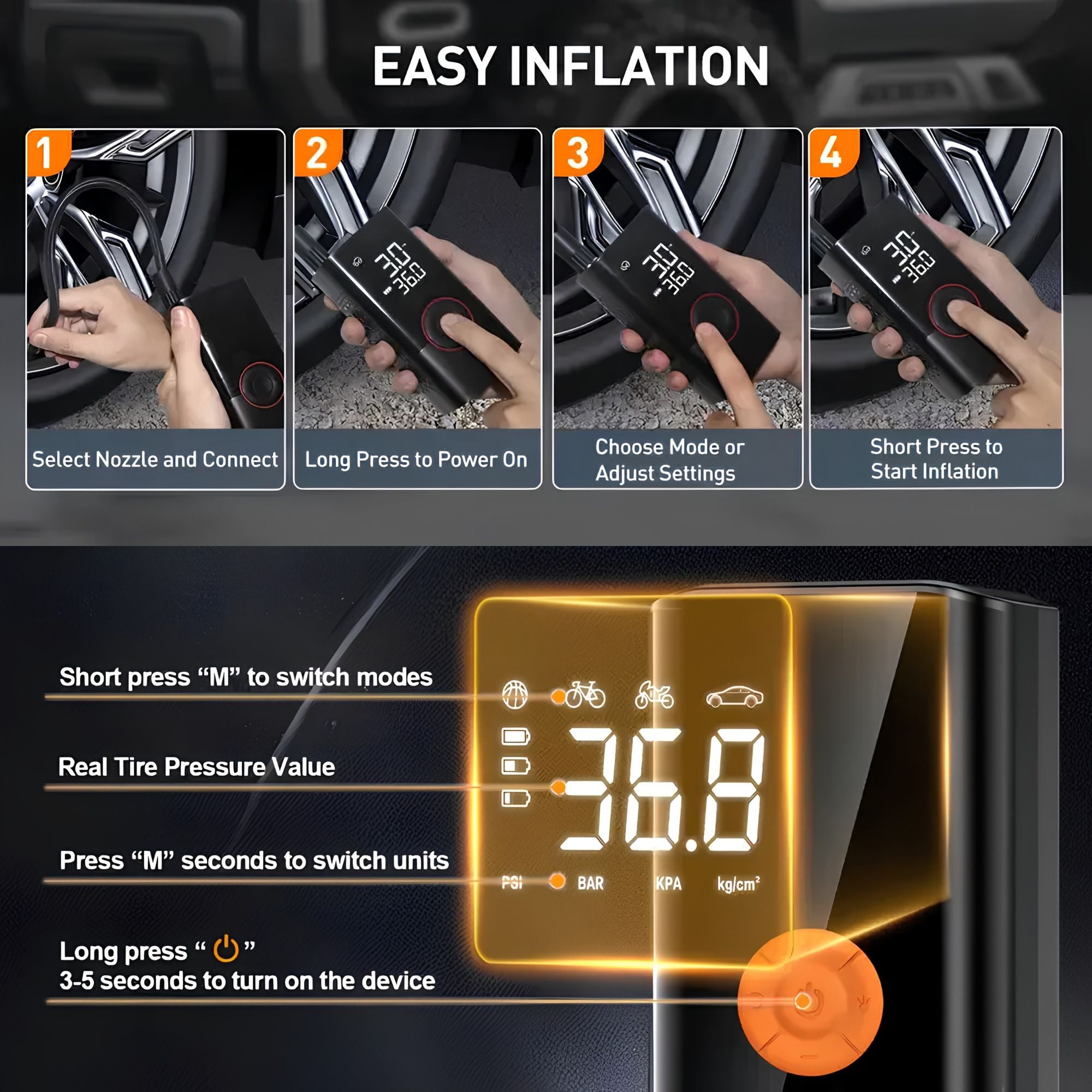 Visual grid showing the air compressor held in one hand to demonstrate its compact size, alongside its secondary function as a USB power bank charging a mobile device.
