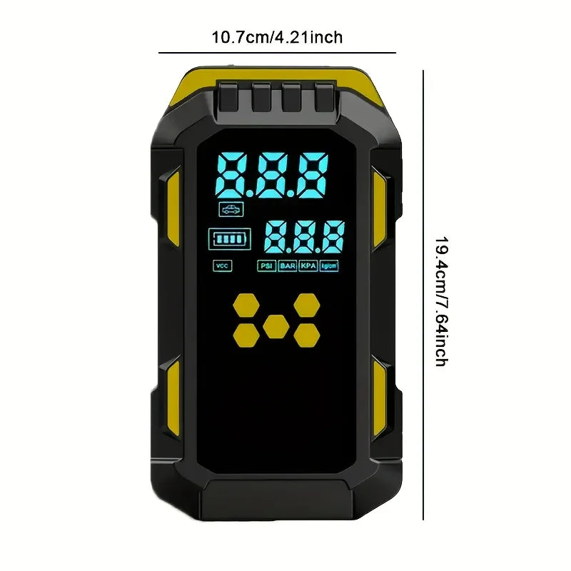 Dimensions of the portable car jump starter and air compressor measuring 19.4 centimetres in height and 10.7 centimetres in width.