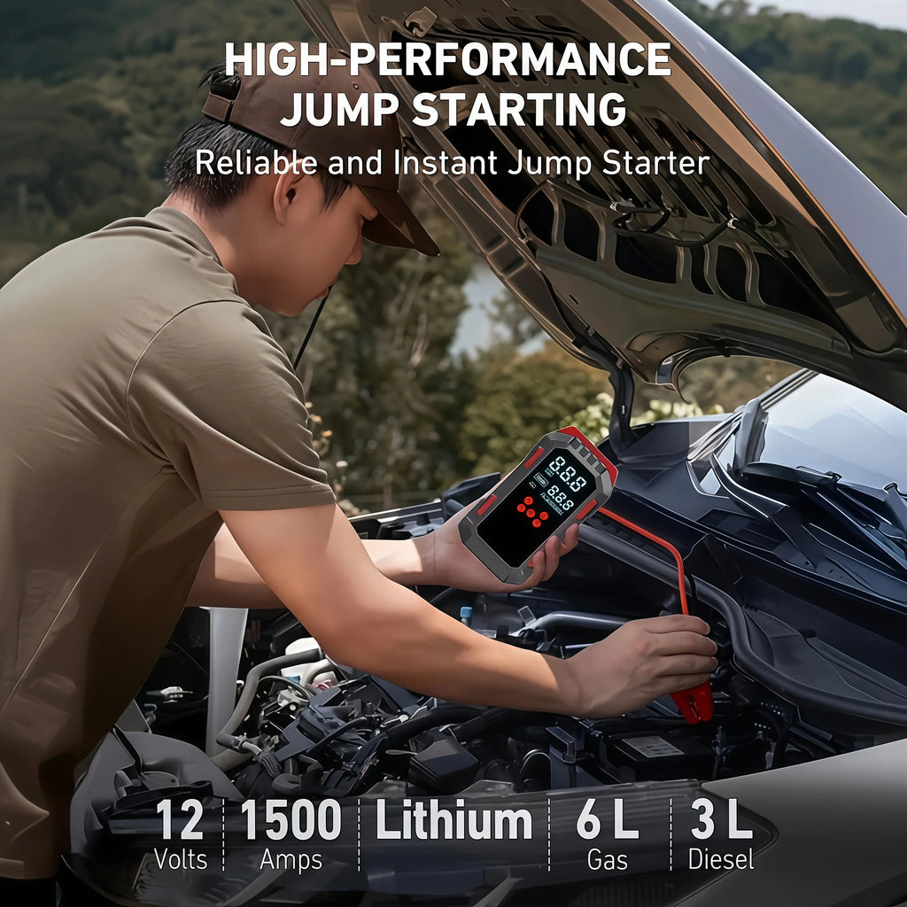 Man connecting the portable car jump starter to a vehicle engine battery using the included smart jumper cables.
