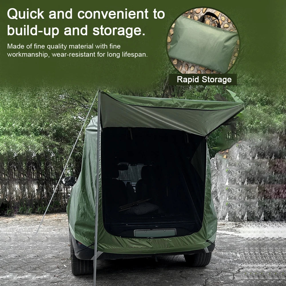 The car boot extension tent packed entirely into its provided compact storage bag, demonstrating its lightweight and space-saving design.