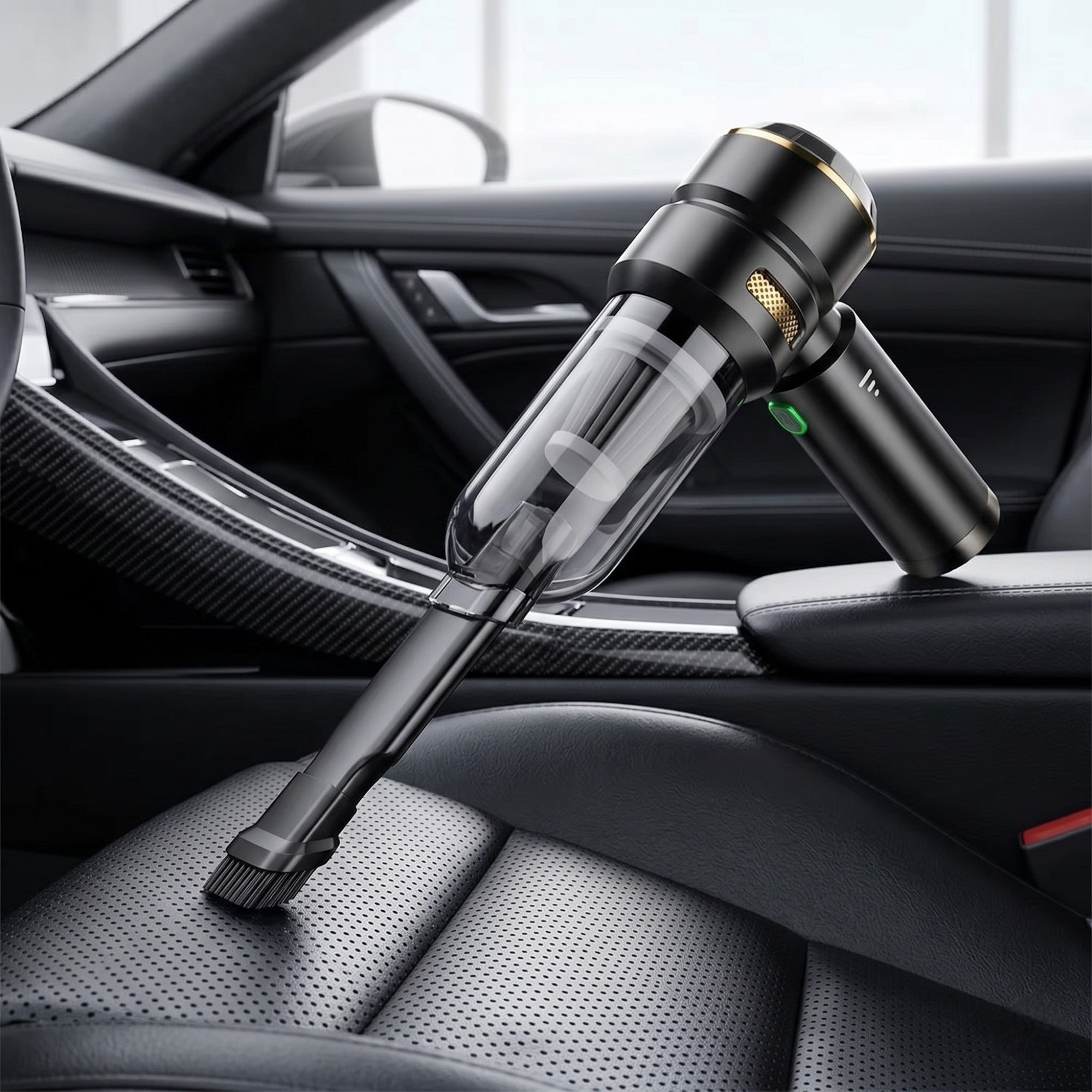 Cordless car vacuum cleaner with a brush nozzle attachment resting on the perforated black leather passenger seat of a luxury sports car.