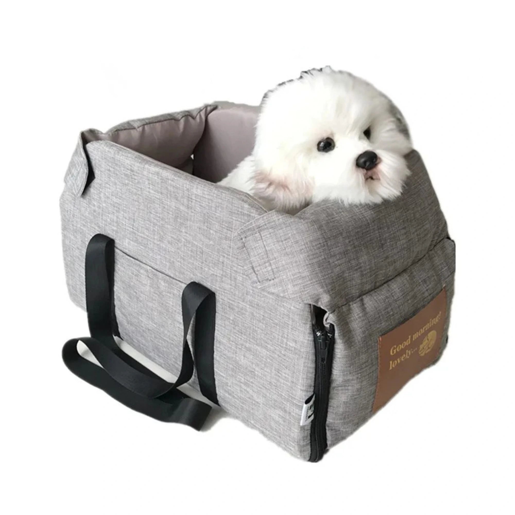 Ash grey compact portable console dog booster seat featuring a small white dog sitting inside.