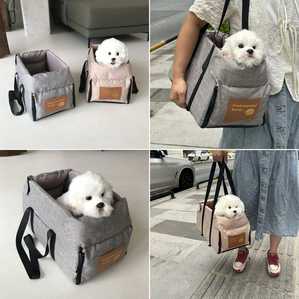 Four panel demonstration showing the automotive pet booster seat transitioning into a portable handheld dog carrier.