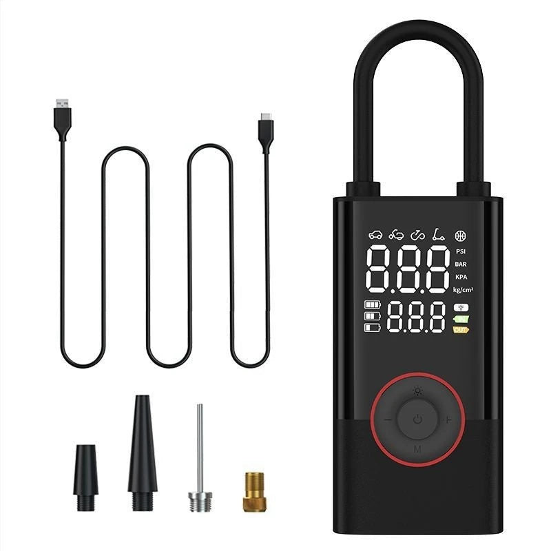 Complete contents of the portable tyre inflator kit laid out flat, including the main compressor unit, inflation hose, USB cable, and valve adapters.