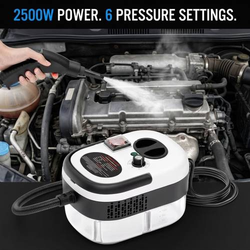 A portable steam cleaner with a white and black body is shown spraying steam onto a car engine, with a hand holding the nozzle. The top of the image features a text banner reading '2500W POWER.