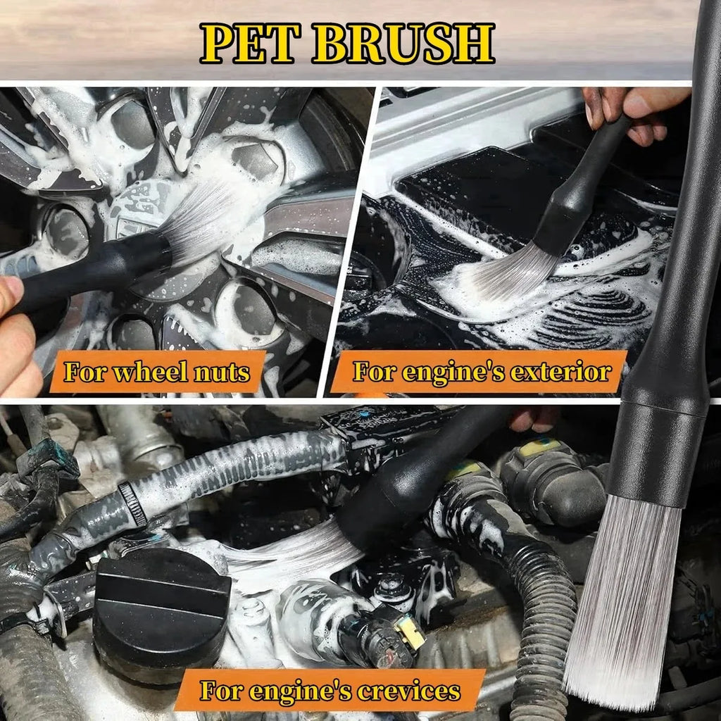 PP filament car detailing brush being used to agitate dirt and clean vehicle wheel nuts and an engine bay.