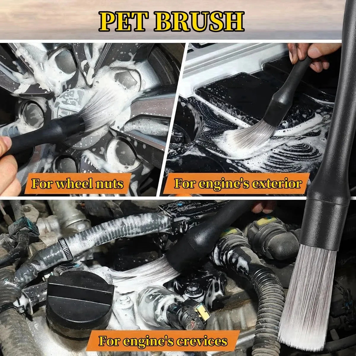 PP filament car detailing brush being used to agitate dirt and clean vehicle wheel nuts and an engine bay.
