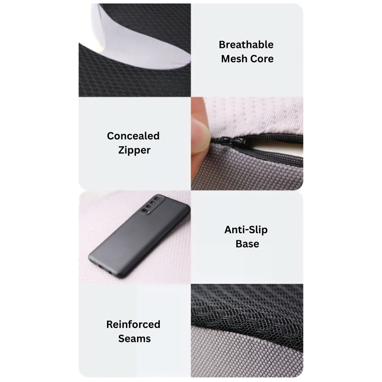 Four-panel feature grid highlighting the driving cushion's breathable mesh core, concealed zipper, anti-slip base, and reinforced seams.