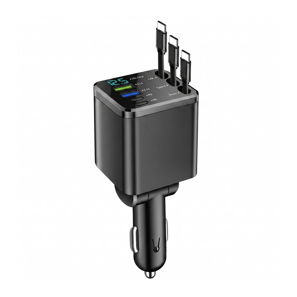 Premium multi-port retractable car charger featuring two Type-C and one iOS cable on a pristine white background.