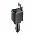 Premium multi-port retractable car charger featuring two Type-C and one iOS cable on a pristine white background.