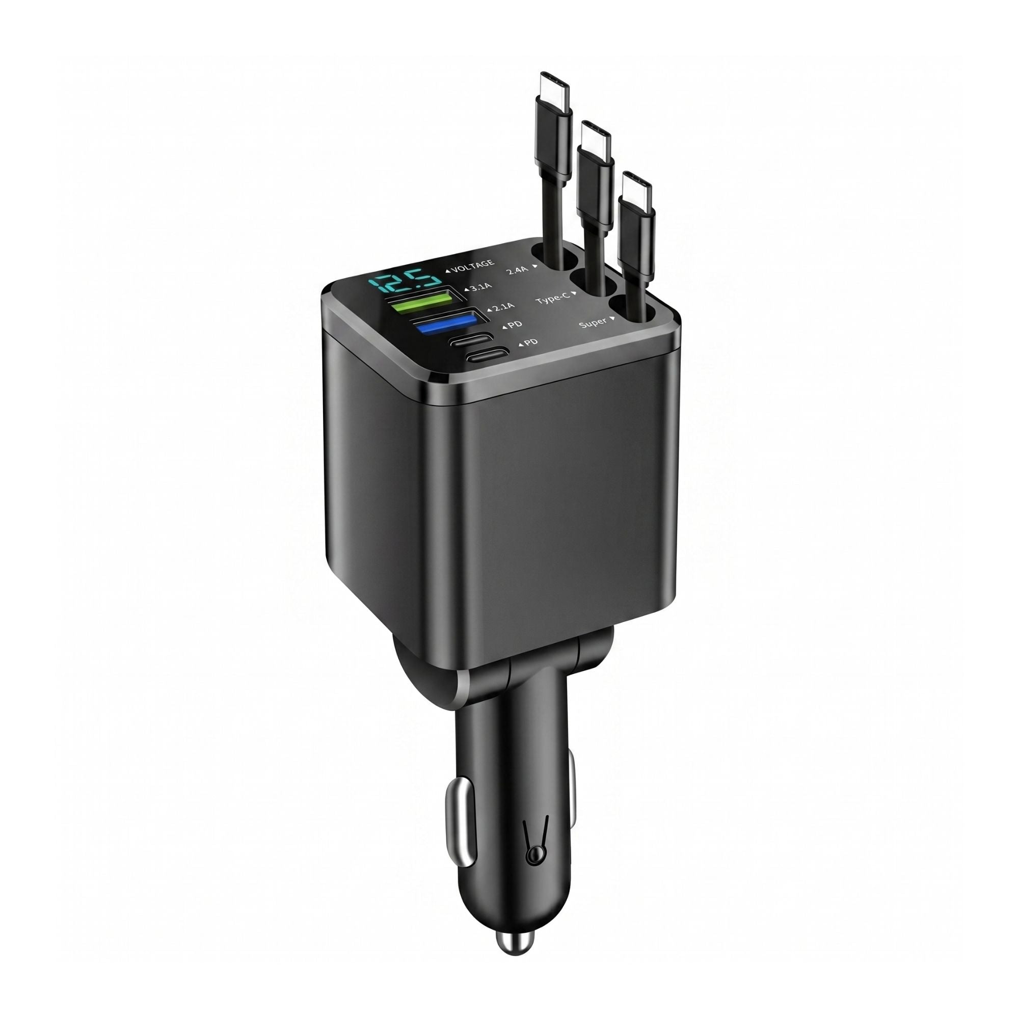 Premium multi-port retractable car charger featuring two Type-C and one iOS cable on a pristine white background.