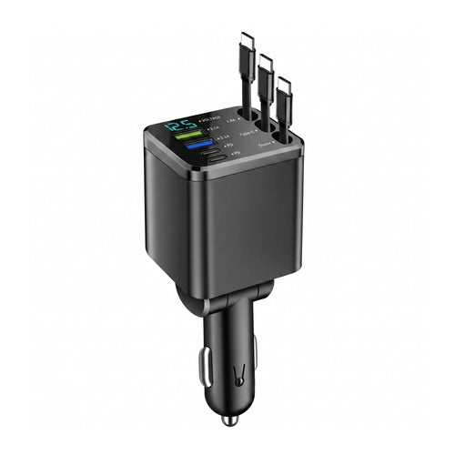 Premium multi-port retractable car charger featuring two Type-C and one iOS cable on a pristine white background.