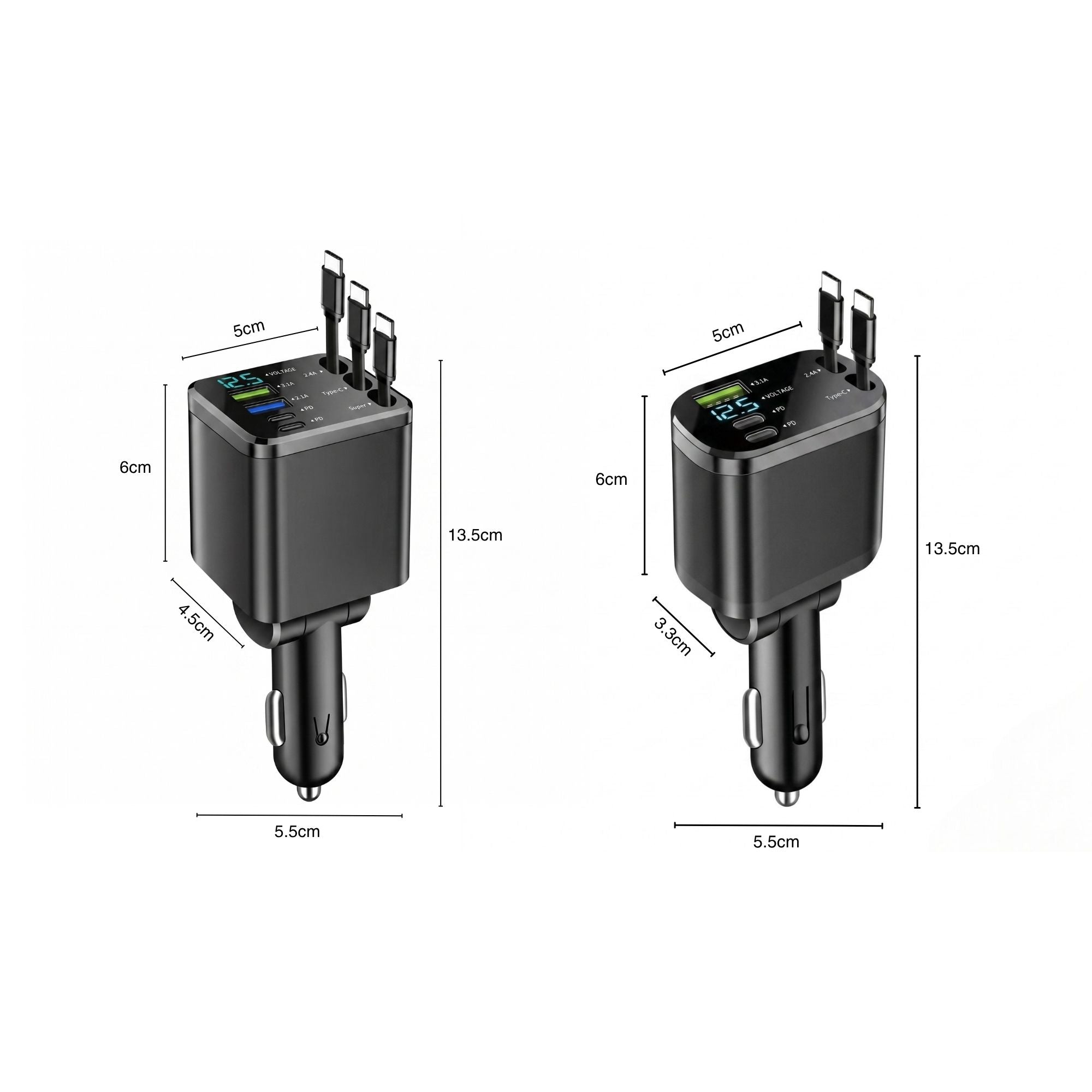 Dimension diagrams of the premium 3-cable and standard 2-cable retractable car charger detailing exact height and width measurements.
