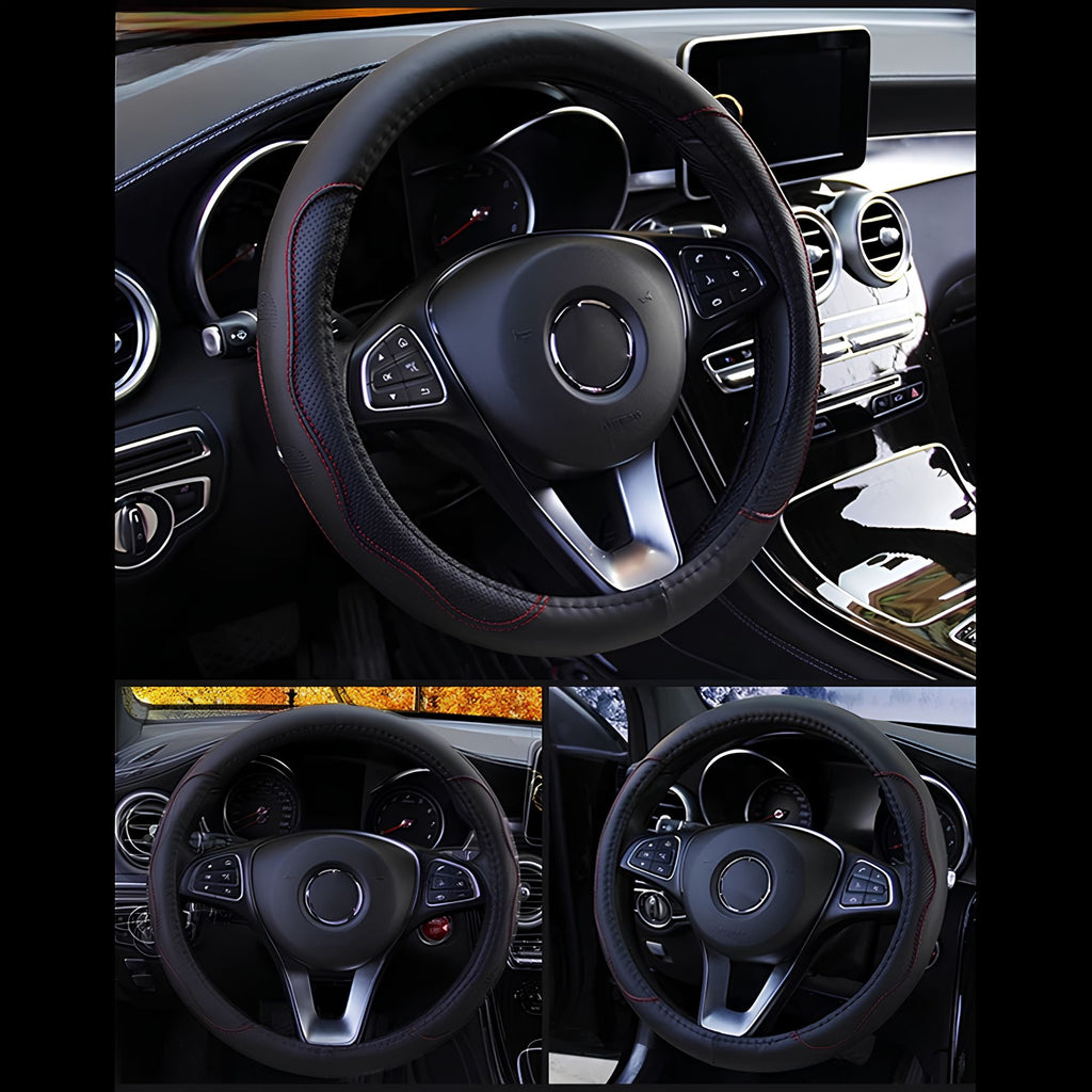 Collage displaying three angles of the embossed PU leather steering wheel cover installed in vehicle cabins, including all-black, blue stitching, and red stitching.