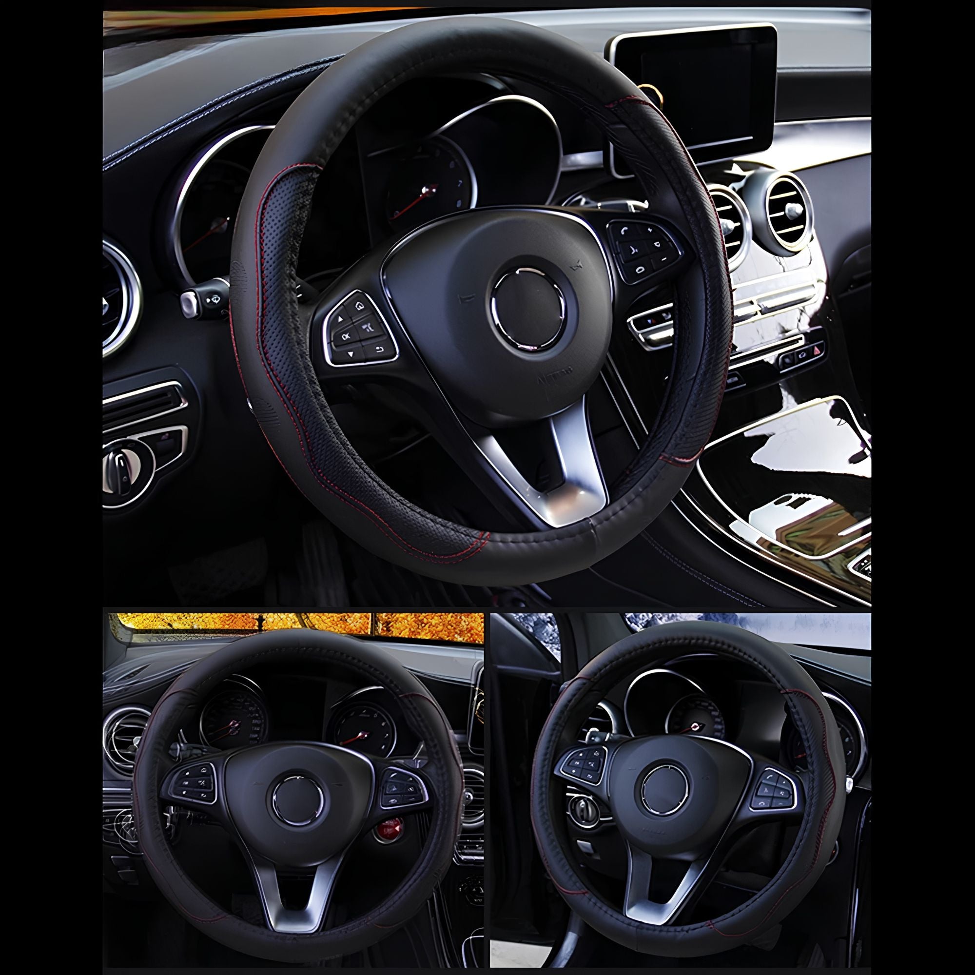 Collage displaying three angles of the embossed PU leather steering wheel cover installed in vehicle cabins, including all-black, blue stitching, and red stitching.