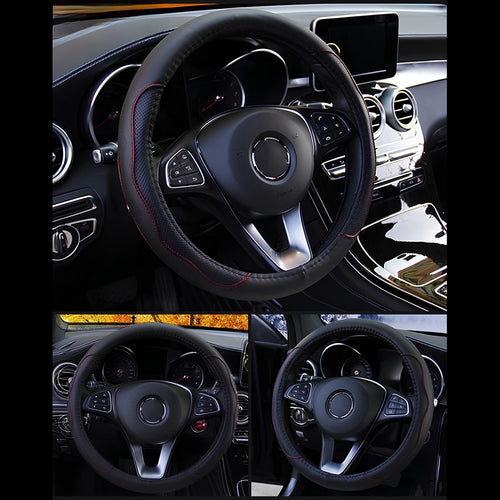 Collage displaying three angles of the embossed PU leather steering wheel cover installed in vehicle cabins, including all-black, blue stitching, and red stitching.