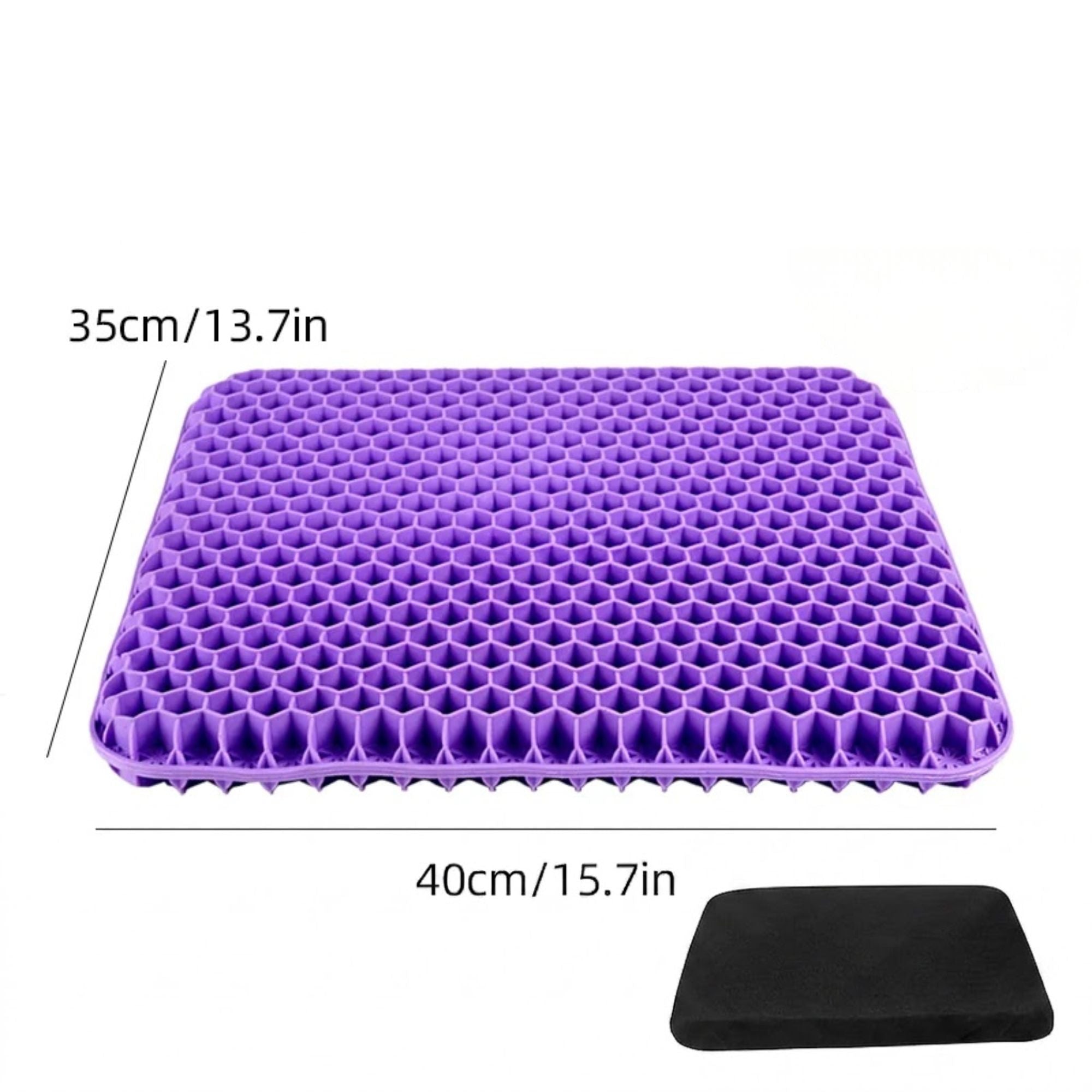 Purple textured pet mat with dimension markings of 35cm by 40cm, shown on a white background with a small black cushion inset.