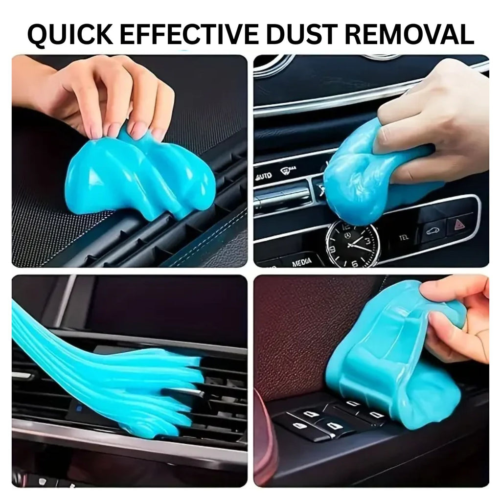 Four-panel lifestyle collage demonstrating the quick and effective blue dust removal gel lifting dirt from car vents, analog dashboard clocks, and door window switches.