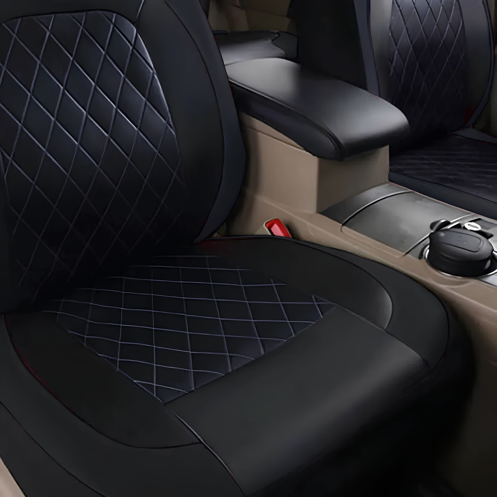 Close up detail showing the quilted stitching pattern and PU artificial leather material on the vehicle seat base.