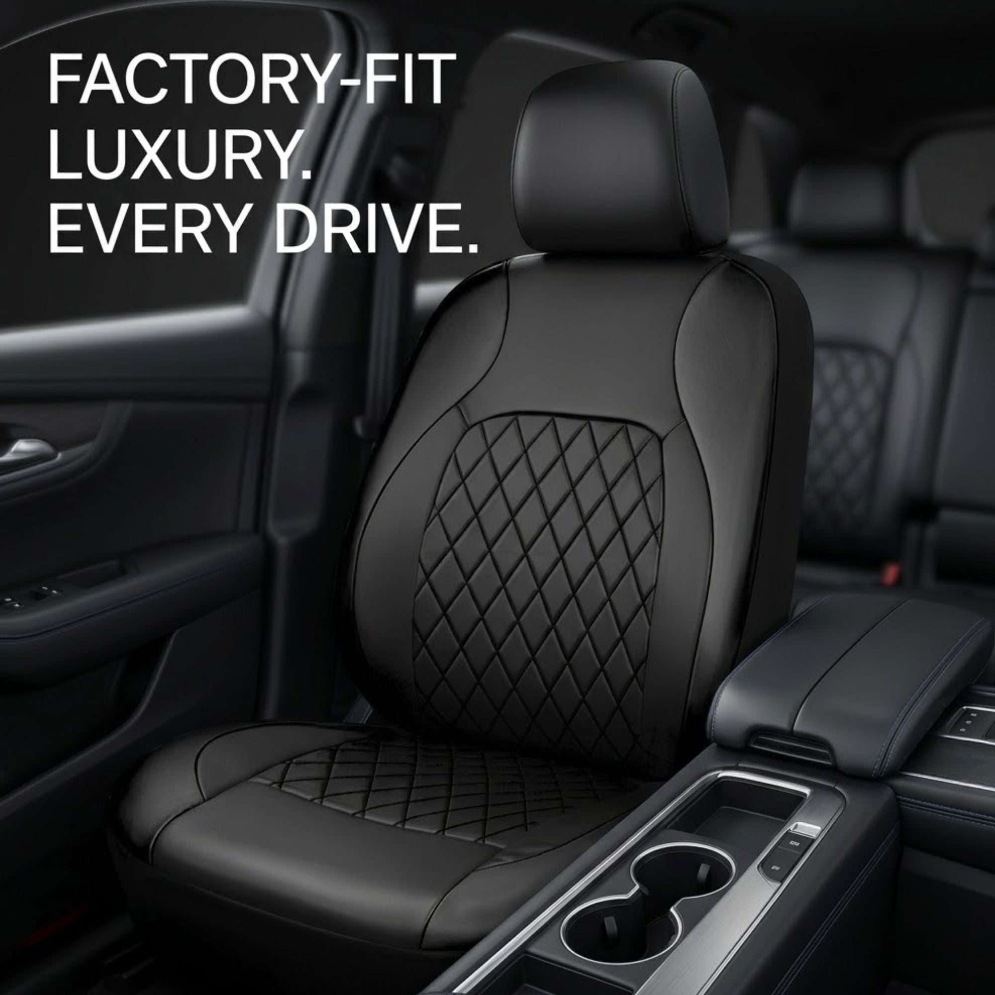 Black leather car seat cover with diamond-quilted stitching on the backrest and seat cushion, installed in a vehicle interior. White text in the top left reads 'FACTORY-FIT LUXURY.