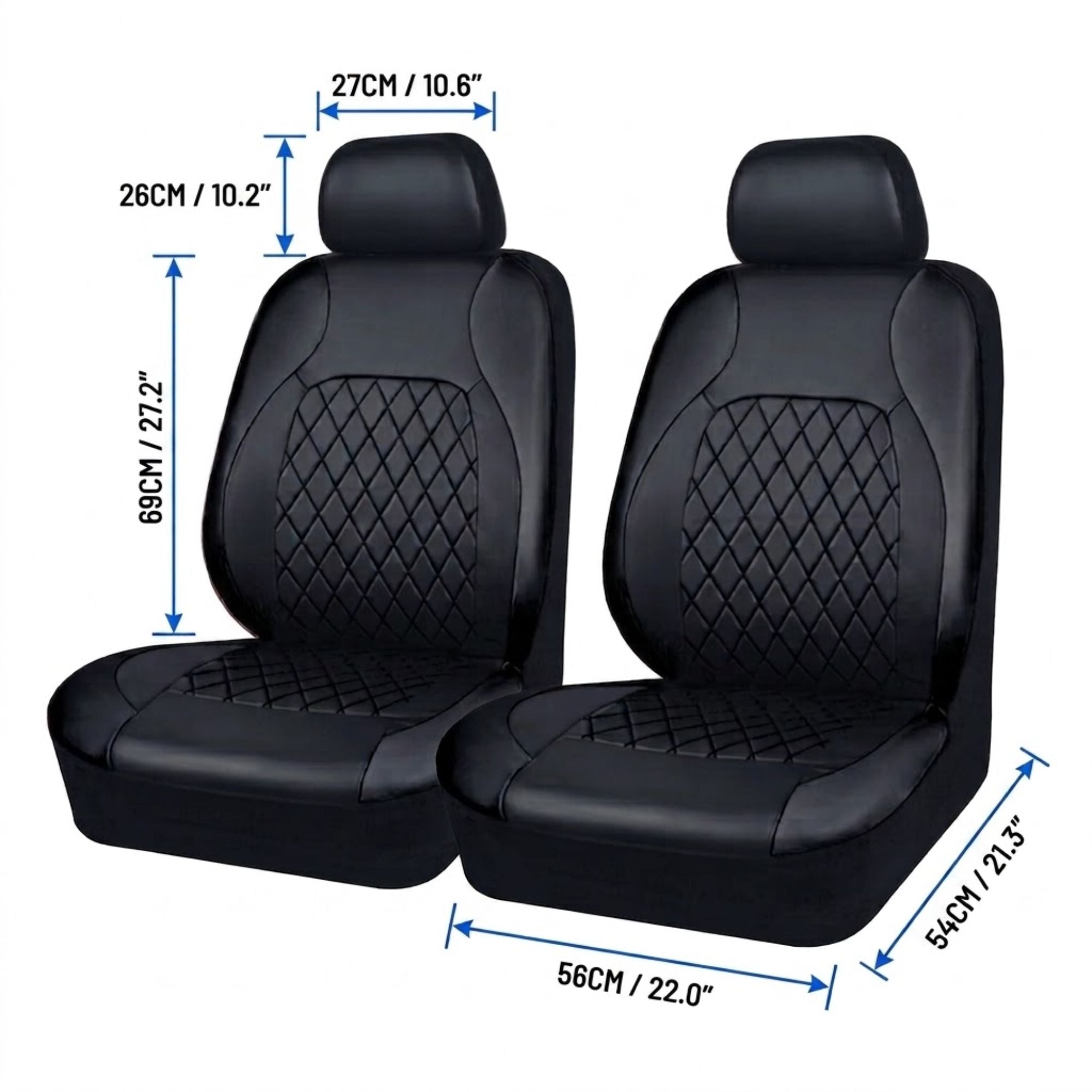 Black car seat covers with measurements on a white background