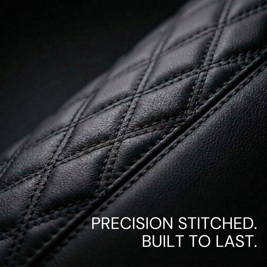 Close-up of black quilted leather upholstery with diagonal stitching and the text 'PRECISION STITCHED. BUILT TO LAST.