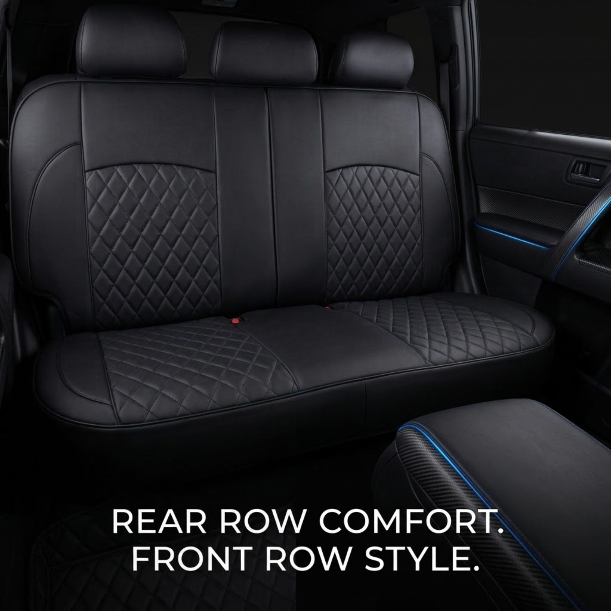 Black leather car seat cover with diamond-quilted stitching on the backrest and seat cushion, installed in a vehicle interior. Installed in rear seats. White text at the bottom reads 'REAR ROW COMFORT. FRONT ROW STYLE'.