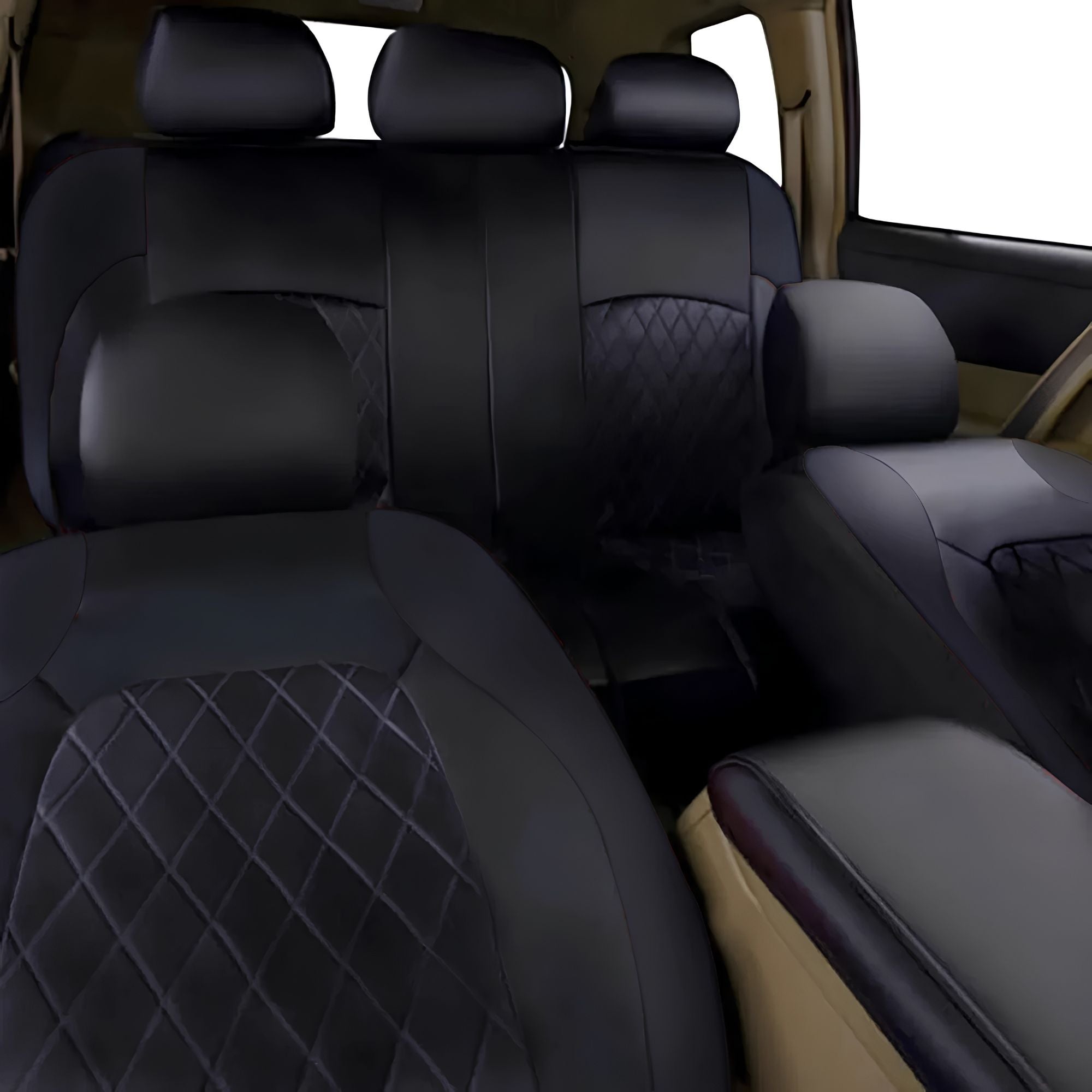 Rear bench configuration of black quilted faux leather car seat covers installed in a vehicle interior.