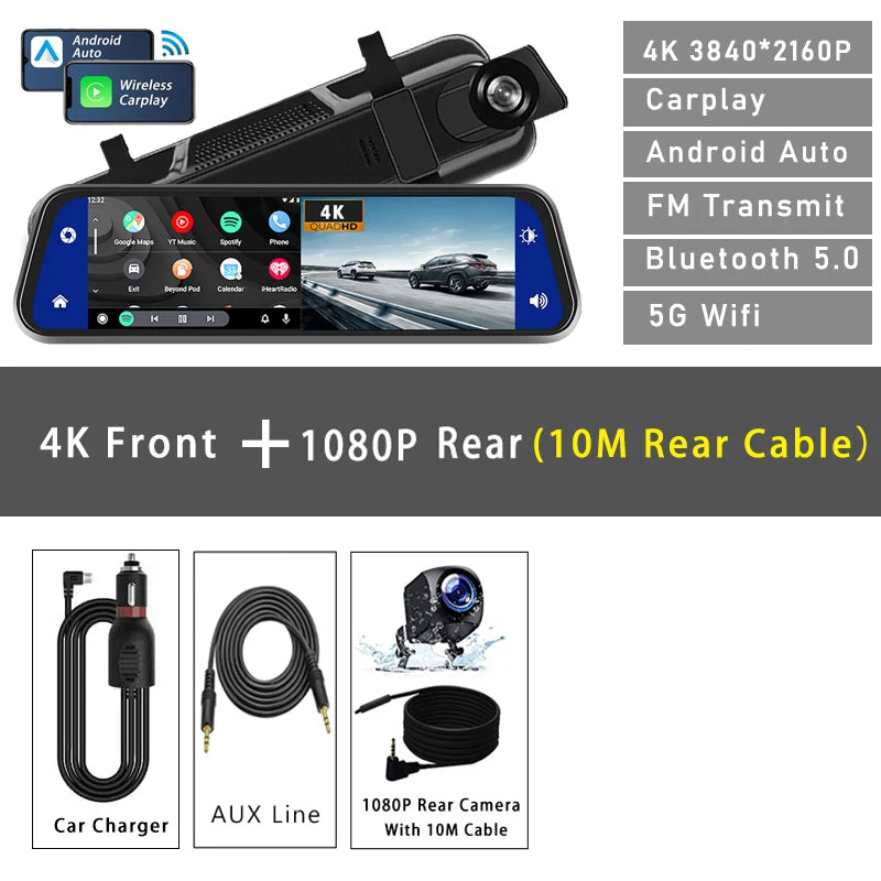 10-metre rear cable variant of the 10-inch 4K rearview mirror dash cam kit featuring standard 12V power connection accessories.