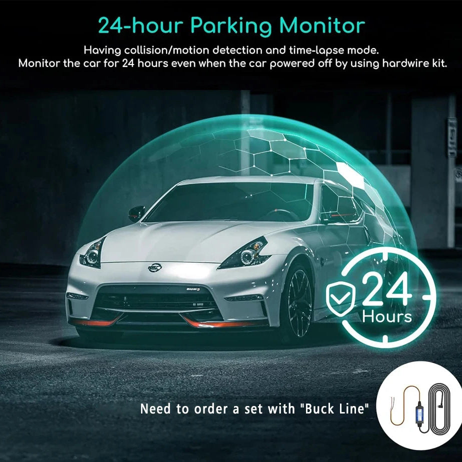 Vehicle surrounded by a protective graphic shield demonstrating the 24-hour parking monitor feature enabled by the dash cam hardwire kit.