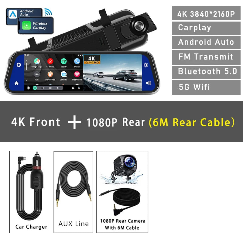 6-metre rear cable variant of the 10-inch 4K rearview mirror dash cam kit featuring standard 12V power connection accessories.