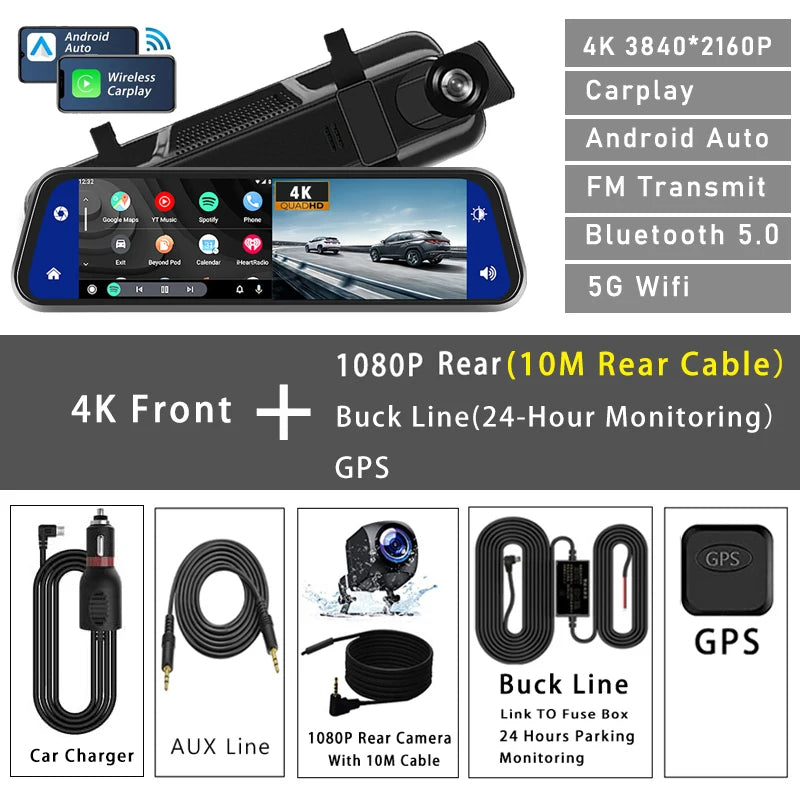 10-metre rear cable variant of the 10-inch 4K rearview mirror dash cam kit featuring GPS, hardwire kit, and connection accessories.