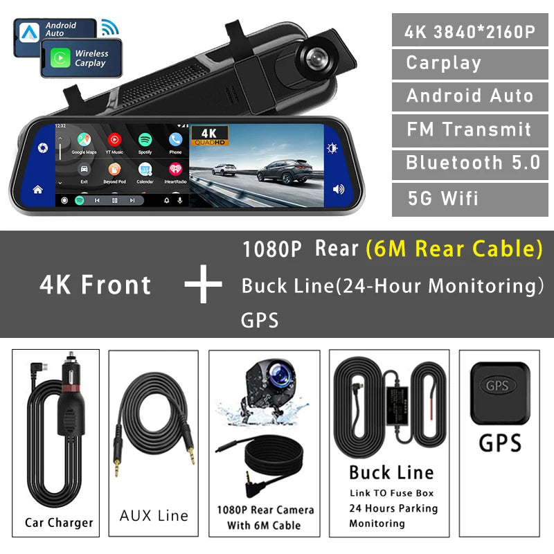 6-metre rear cable variant of the 10-inch 4K rearview mirror dash cam kit featuring GPS, hardwire kit, and connection accessories.