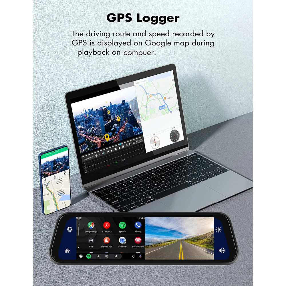 Laptop and smartphone displaying map route tracking and speed data captured by the rearview mirror dash cam GPS logger.