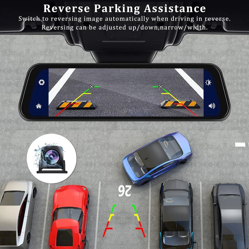 Rearview mirror dash cam interface displaying reverse parking assistance guidelines to aid vehicle maneuvering.
