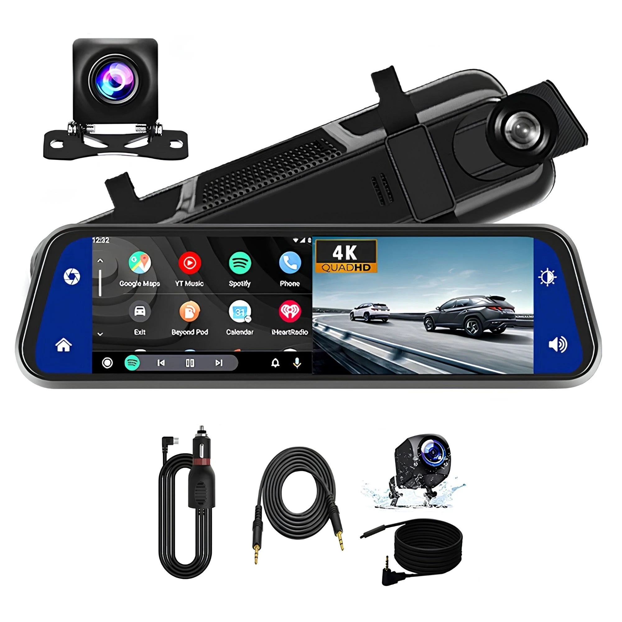 Overview of the standard 10-inch 4K rearview mirror dash cam kit components, including the main mirror display, rear camera, 12V car charger, and connecting cables.