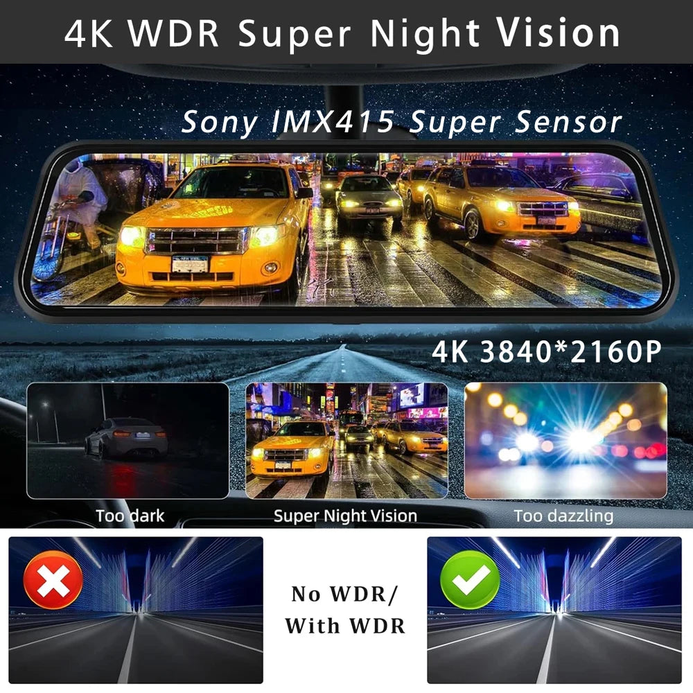 Before and after comparison demonstrating the WDR super night vision capability of the 4K rearview mirror dash cam in low-light traffic conditions.