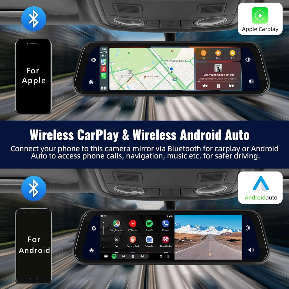 10-inch rearview mirror dash cam displaying the wireless Apple CarPlay and Android Auto interface for navigation and media control.