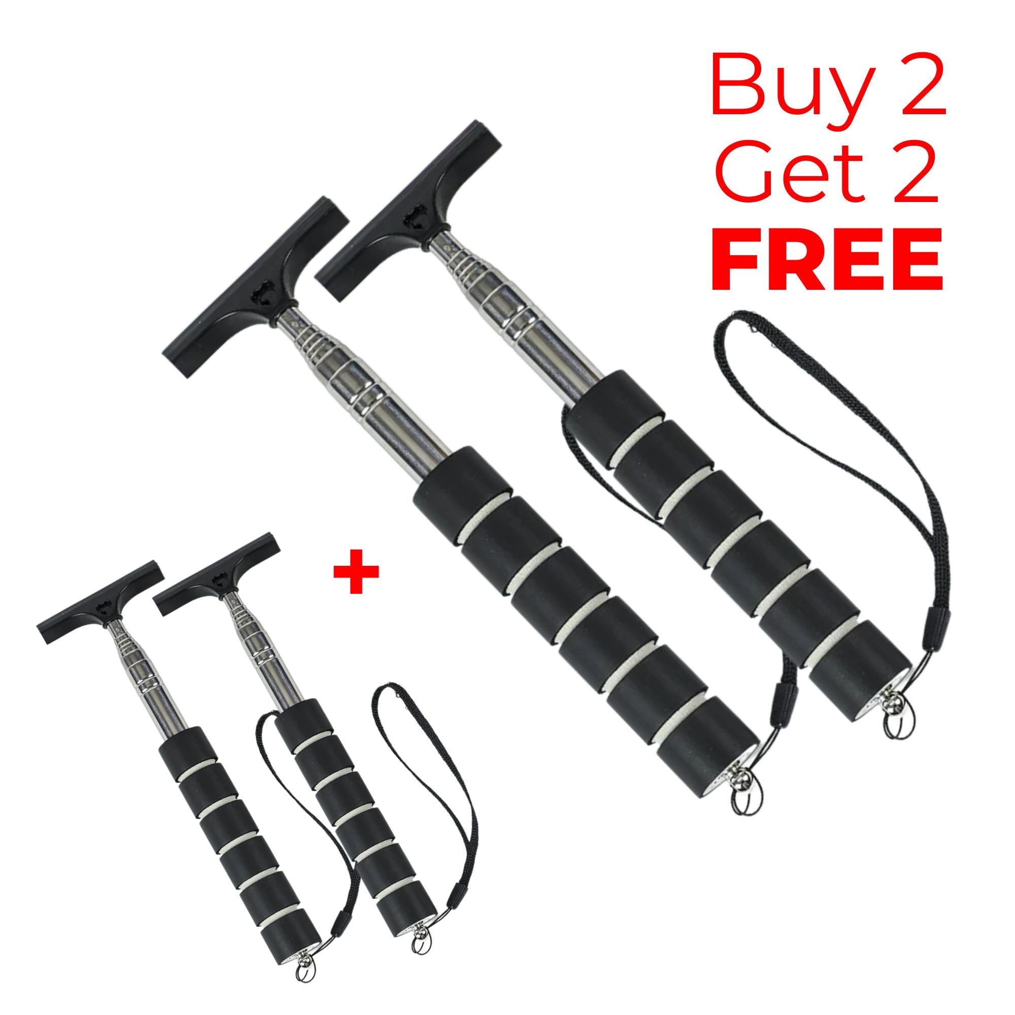 Four black Telescopic Car Rearview Mirror Wipers with stainless steel extendable handles, Buy Two Get Two offer