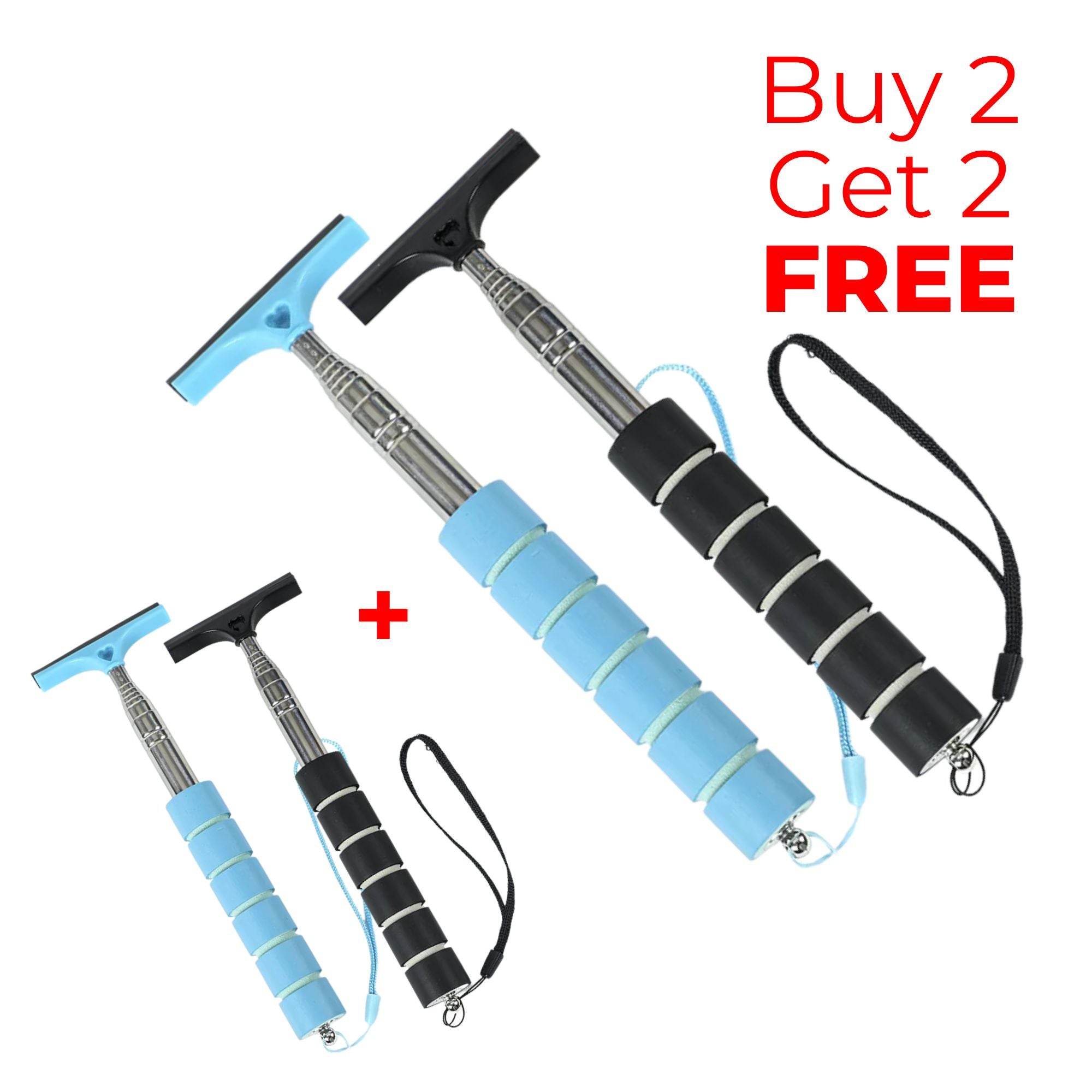 Two black and two blue Telescopic Car Rearview Mirror Wipers with stainless steel extendable handles, Buy Two Get Two offer