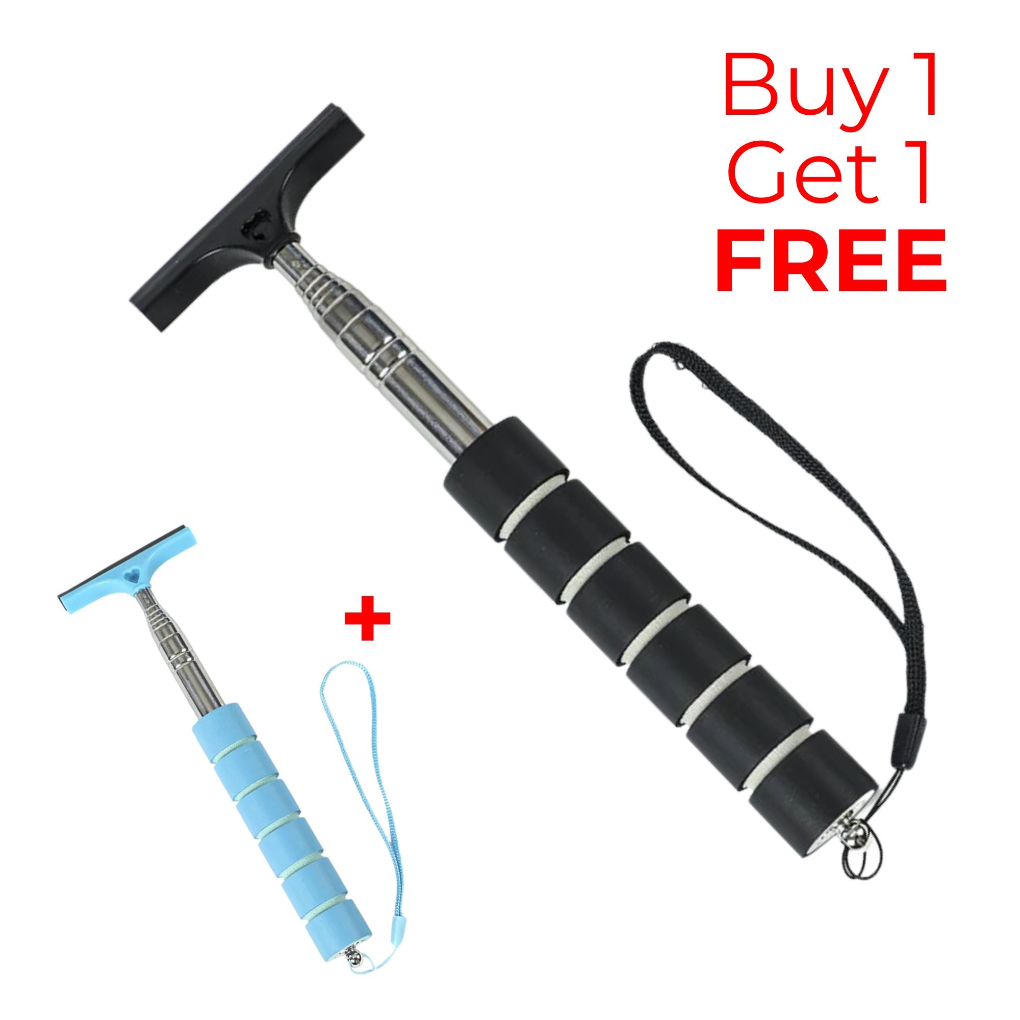 One black and one blue Telescopic Car Rearview Mirror Wiper with stainless steel extendable handles, Buy One Get One offer