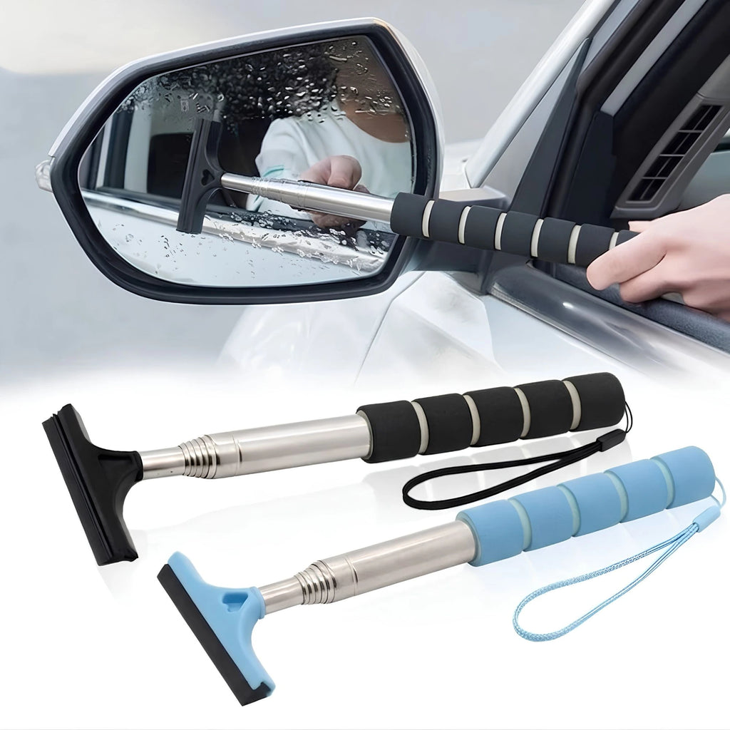 Telescopic Car Rearview Mirror Wiper with retractable stainless steel handle in black and blue, wiping a wet side mirror