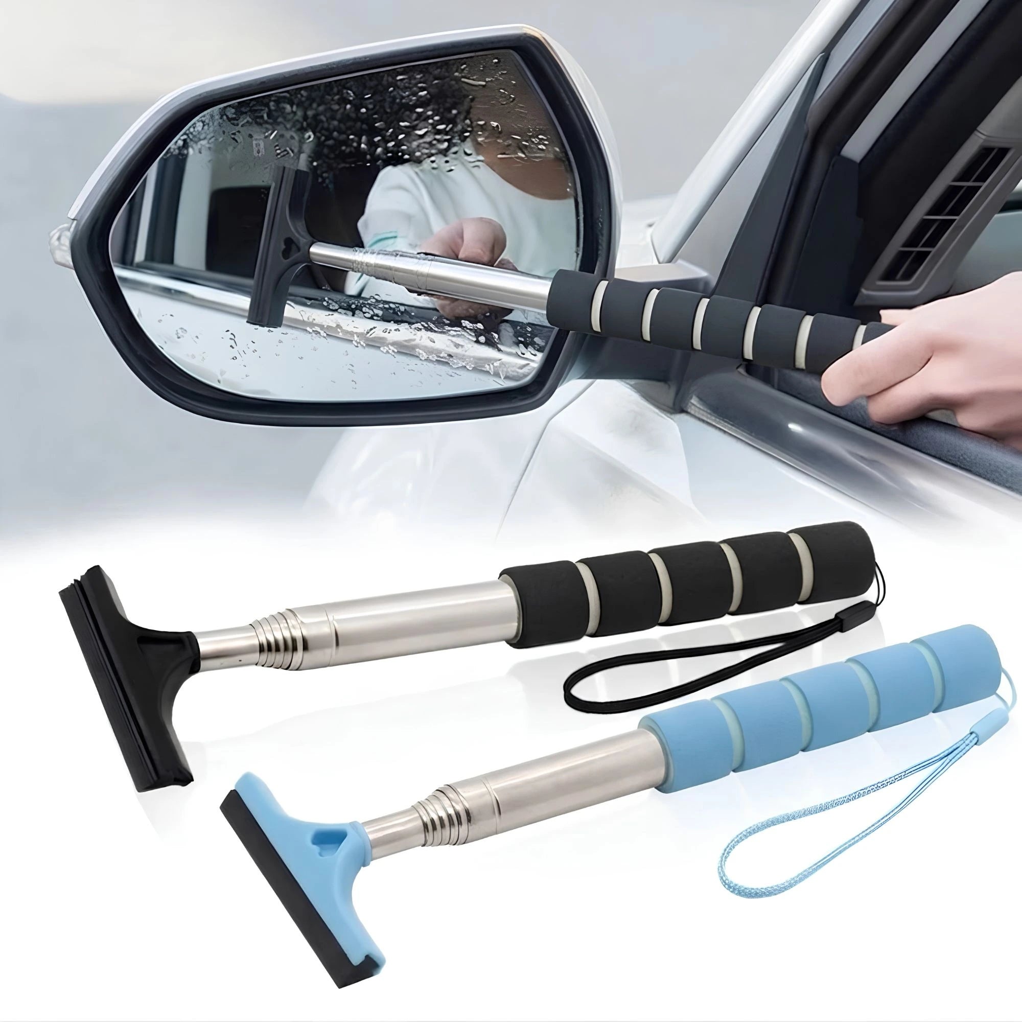 Telescopic Car Rearview Mirror Wiper with retractable stainless steel handle in black and blue, wiping a wet side mirror