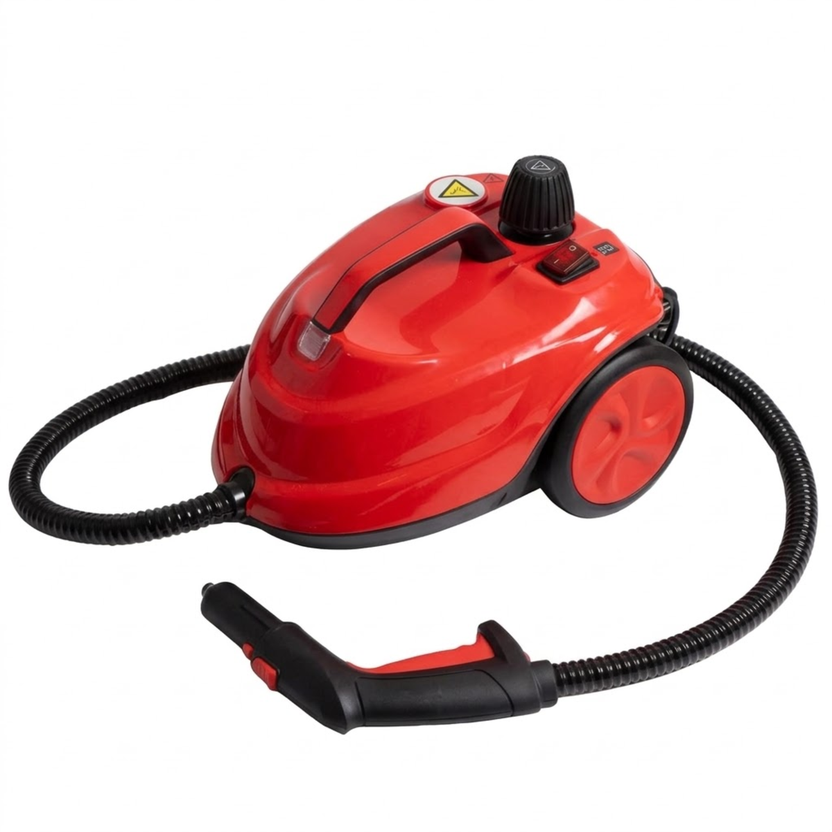 Red 2000W high-pressure car interior steam cleaner with coiled hose and trigger handle on white background