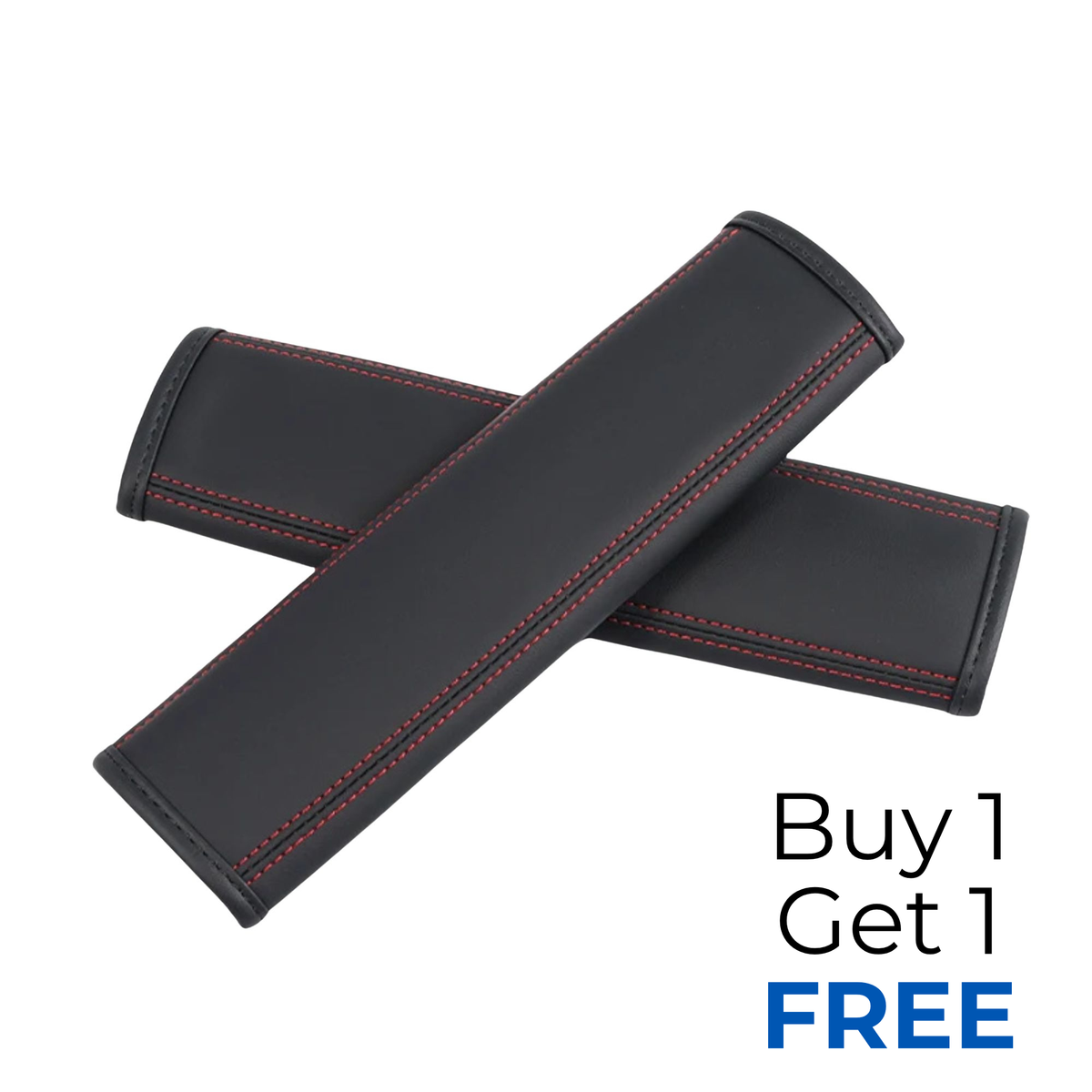 Two black car seat belt buckles with red contrast stitching, crossed over each other on a white background with a 'Buy 1 Get 1 FREE' promotional text overlay.